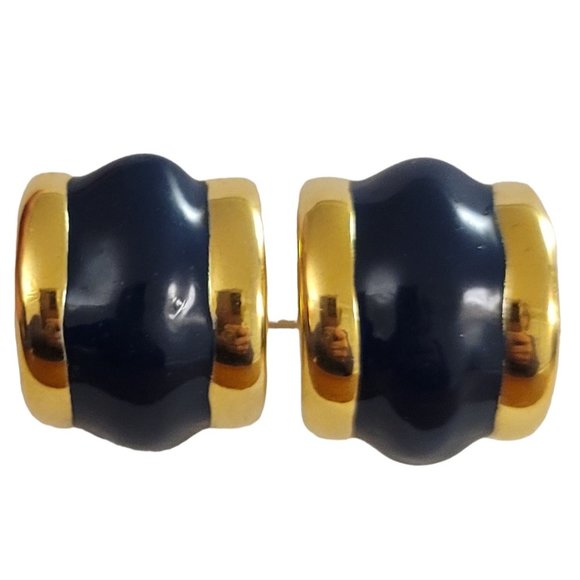 Gold Tone Black Enamel, Designer Style Wide C, Half Hoop Clip On Earrings K960 - Picture 1 of 7